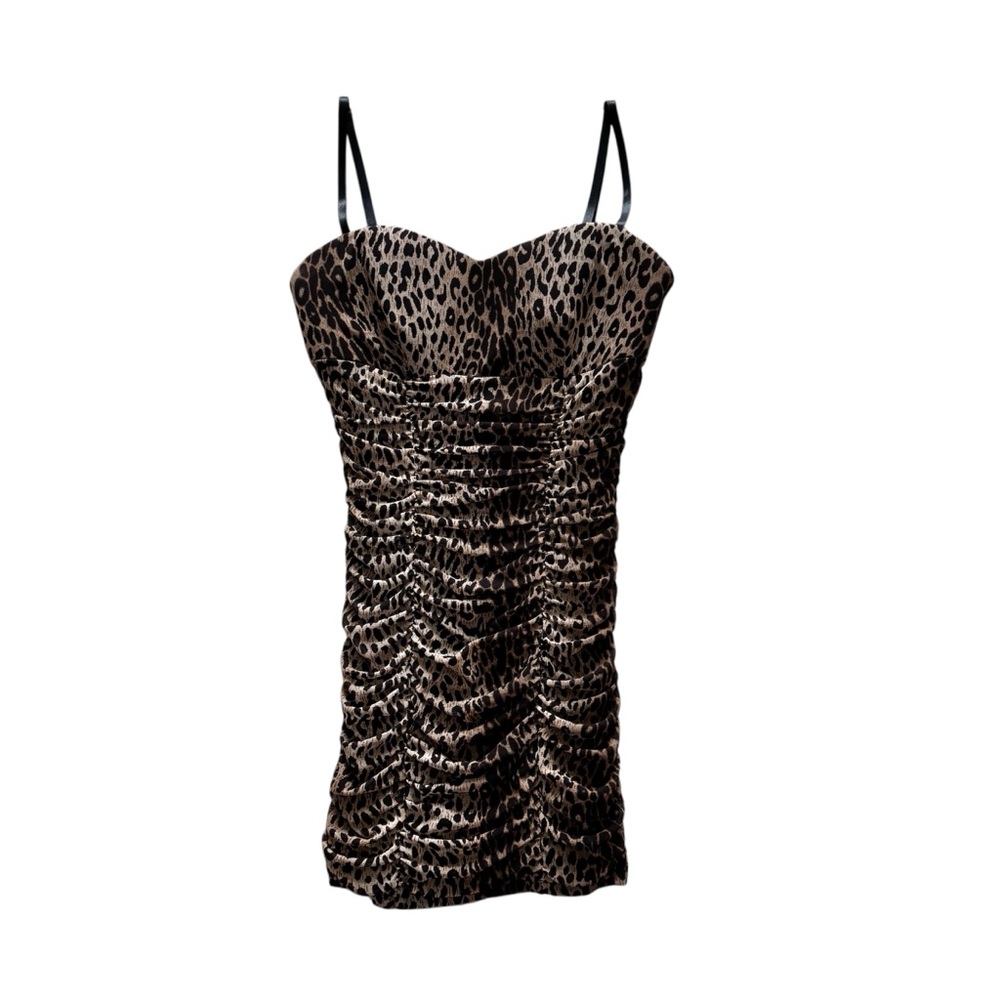 Leopard Print Ruched Bodycon Mini Dress Sweetheart Neck Strappy Sleeveless - Med